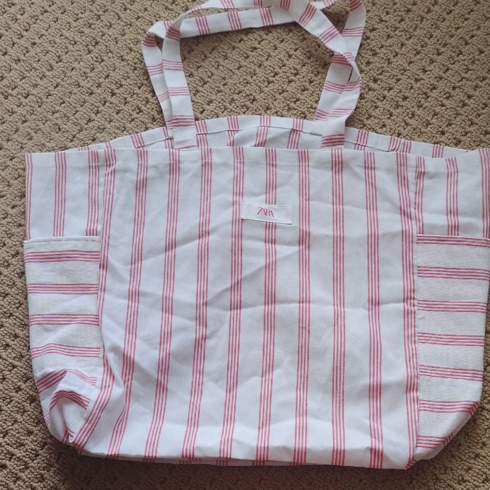 Zara Red and White Striped Tote Bag